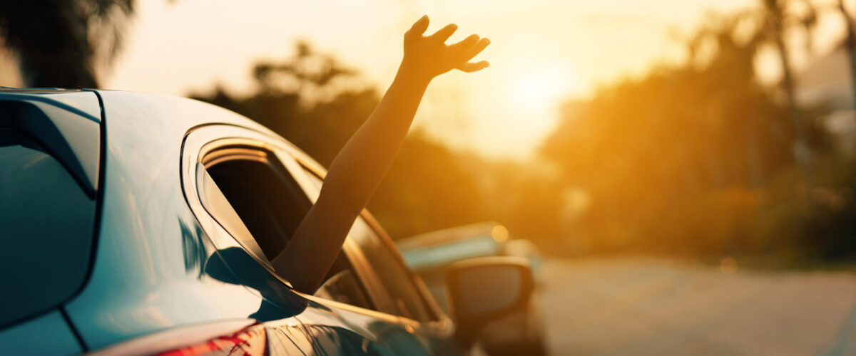 Hatchback Car travel driving road trip of woman summer vacation in blue car at sunset,Girls happy traveling enjoy holidays and relaxation with friends together get the atmosphere and go to destination