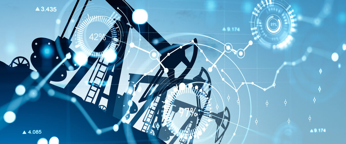 Oil derricks silhouette, double exposure with glowing digital big business data lines and analysis. Concept of mining and chart