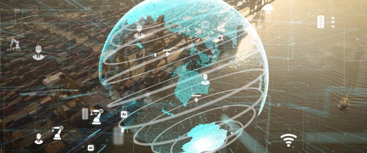 Shipping harbor aerial view with graphic of network technology modernization showing concept of smart digital autonomous technology to control goods import and export stocks calculations .